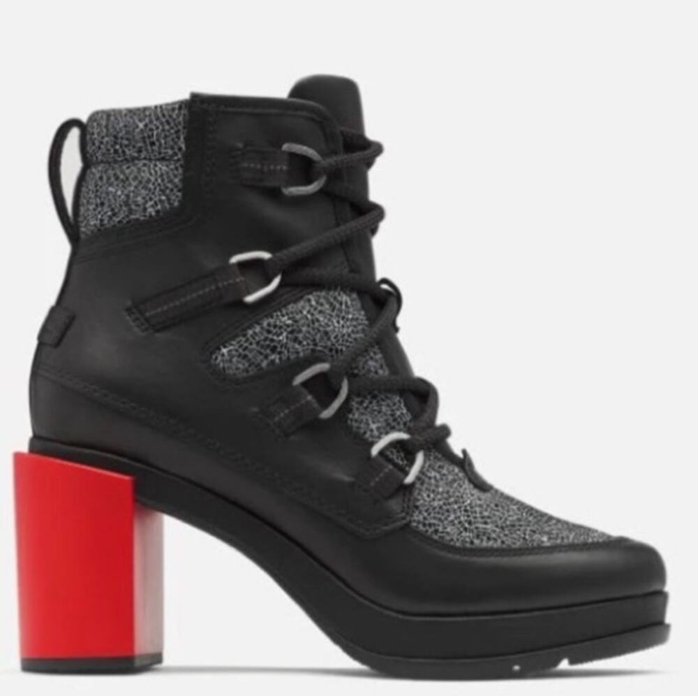 SOREL Blake Lace Shatter Boots Leather Chunky Block Heel Waterproof Black